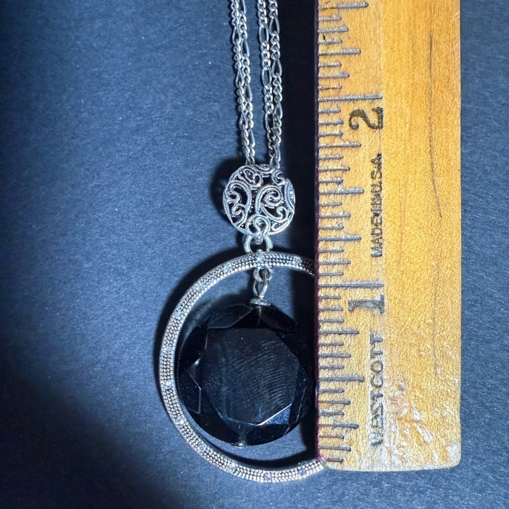Etienne Aigner Silver Tone Double Chain Pendant Necklace – Black Stone - Picture 5 of 10